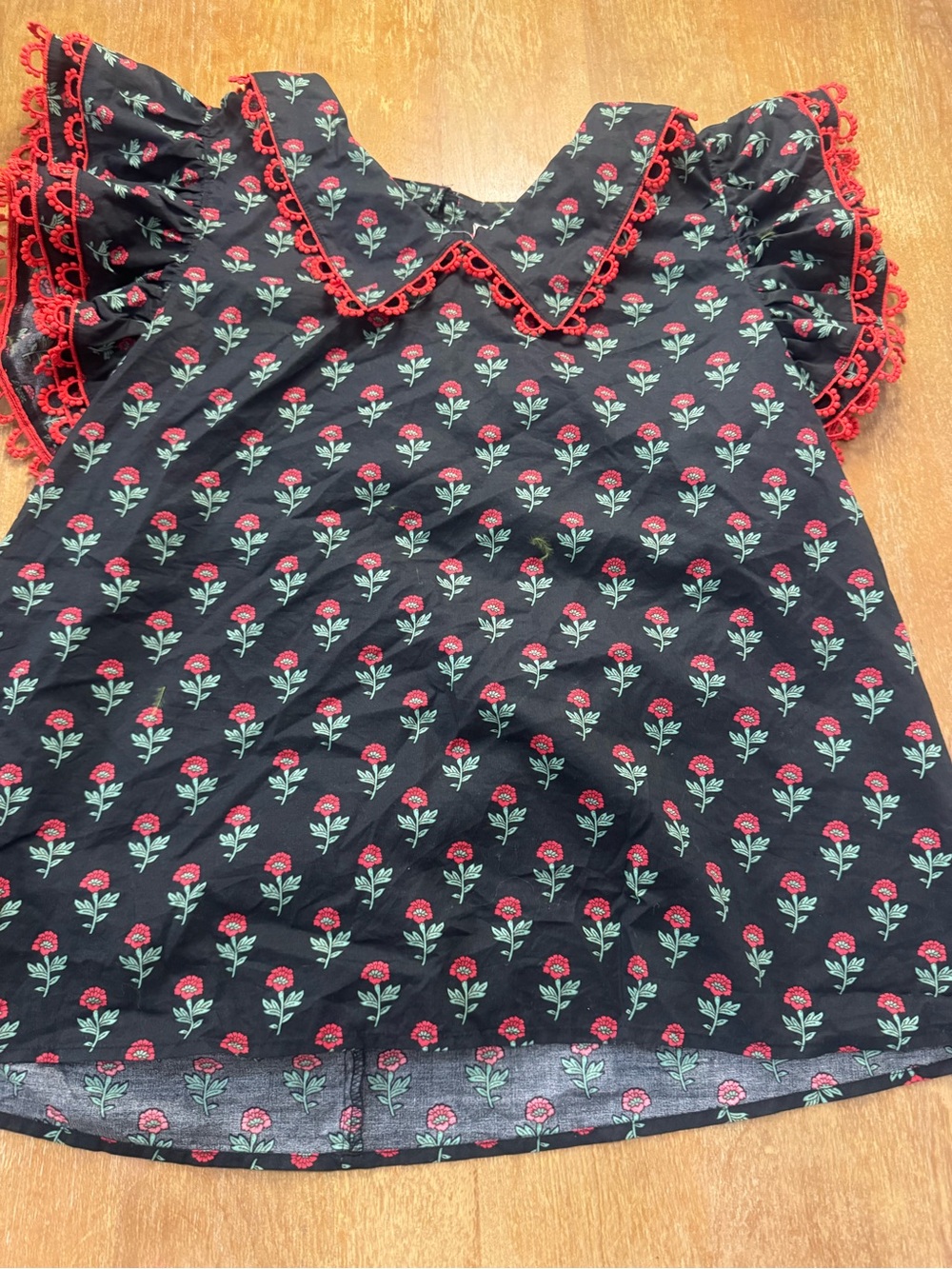 entro Black Floral Ruffle Sleeve Blouse with Red Trim